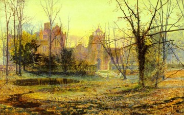 街並み Painting - 夕方のクノストロップ・オールド・ホールの都市の風景風景ジョン・アトキンソン・グリムショーの都市景観